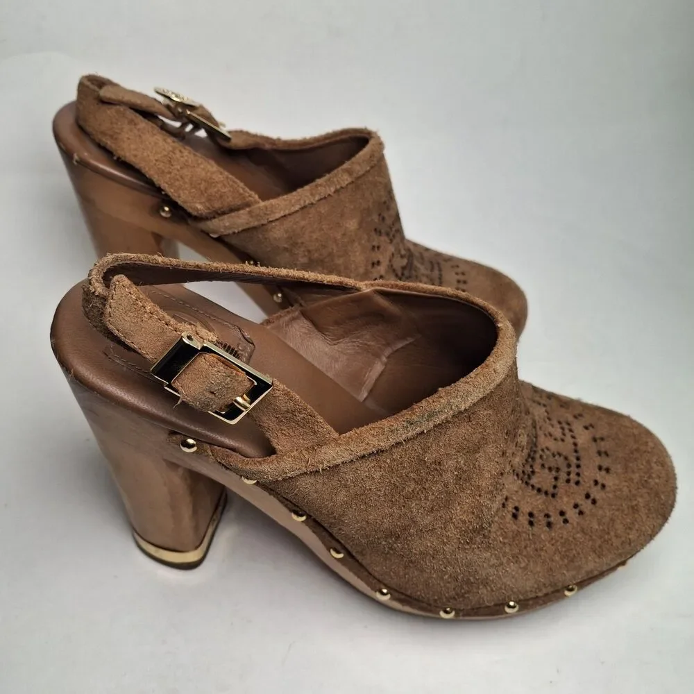 Tory Burch Brayden Slingback Clog 8M Brown Gold Wood Heel Studded Summer Party